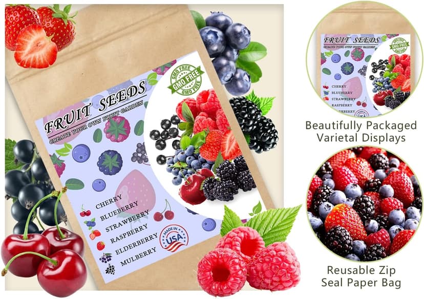 Mix Fruit Seeds 1100+ Berry Seeds for Planting Strawberry Raspberry Mulberry Blueberry Elderberry Cherry - 6 Varieties Individually Packaged Non-GMO for Home Garden