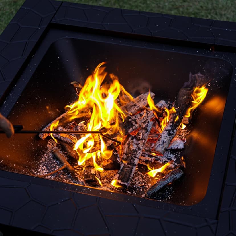 Multifunctional Fire Pit Table 32 inch Square Metal Firepit Stove Backyard Patio Garden Fireplace for Camping, Outdoor Heating, Bonfire and Picnic