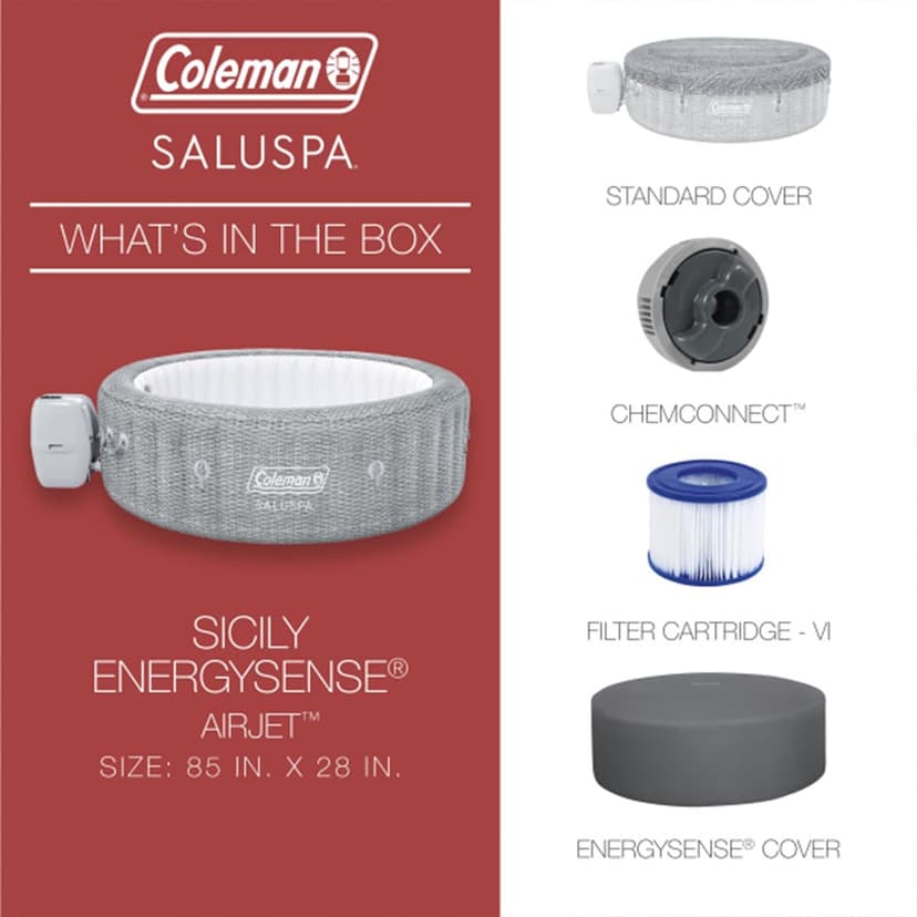 Bestway Coleman Sicily AirJet Large Round 5 to 7 Person Inflatable Hot Tub Portable Outdoor Spa with 180 AirJets and EnergySense Cover, Grey
