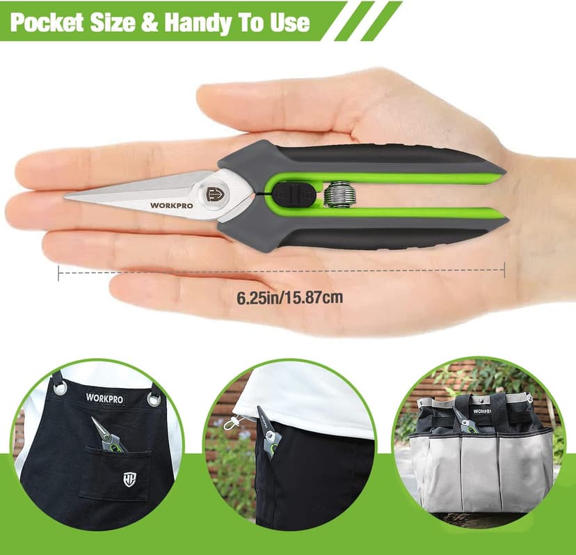 WORKPRO Pruning Shears,6.25'' Gardening Hand Scissors with Sheath,Stainless Steel Straight Blade Hand Pruner for Precision Pruning and Trimming
