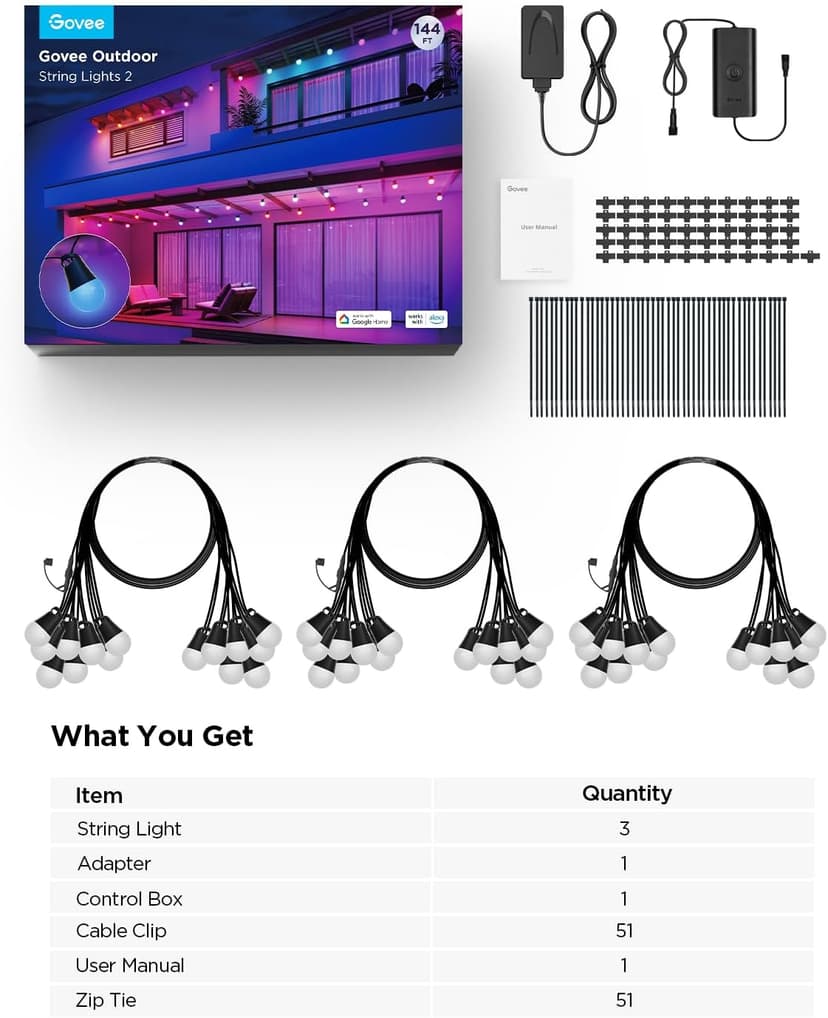Govee Smart Outdoor String Lights 2, 144ft Outdoor Lights with Dimmable Warm White LED Bulbs, 47 Scene Modes for Patio, Backyard, Balcony, IP65 Waterproof, Works with Alexa, App Control