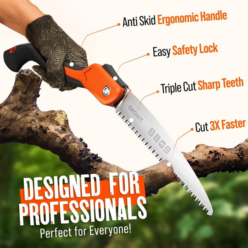 GROWIT Folding saw 11 Inch - Heavy Duty Pruning Saw with Triple-Cut SK5 Blade, 7 TPI Razor Teeth for Tree Trimming, Wood Cutting, Camping, Bushcraft, and Gardening