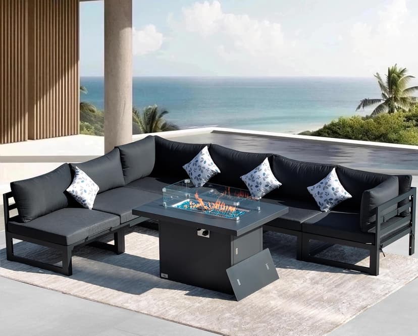 NICESOUL Modern Aluminum Outdoor Furniture Set with Propane/Gas Fire Pit, 29" Deep Seat Wide All Weather Outdoor Conversation Set, 7 Piece L-Shaped Modular Sectional Sofa for Poolside, Dark Gray