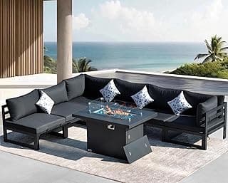 NICESOUL Modern Aluminum Outdoor Furniture Set with Propane/Gas Fire Pit, 29" Deep Seat Wide All Weather Outdoor Conversation Set, 7 Piece L-Shaped Modular Sectional Sofa for Poolside, Dark Gray