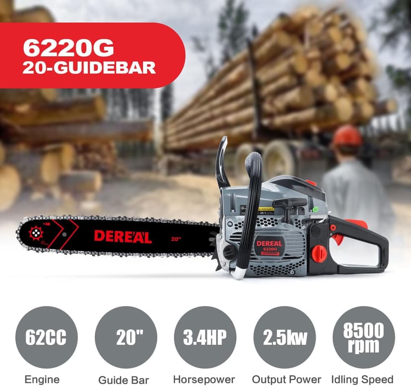 Gas Chainsaws 20 Inch 62CC Gas Powered Chainsaw 3.4HP 2 Stroke Engine Gas Power Chain Saw for Cutting Wood Outdoor Garden Farm Home