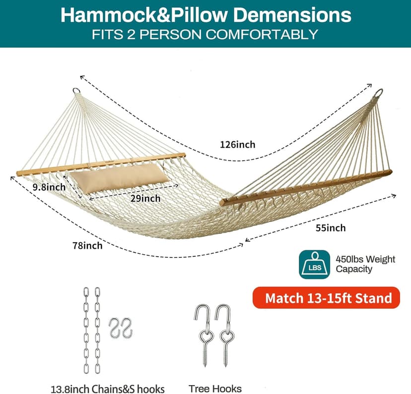 JoyView Traditional Rope Double Hammock - Hand Woven Cotton Hammock with Hardwood Spreader Bar and Pillow 450lb Capacity for Outdoor Indoor Patio Yard - Natural