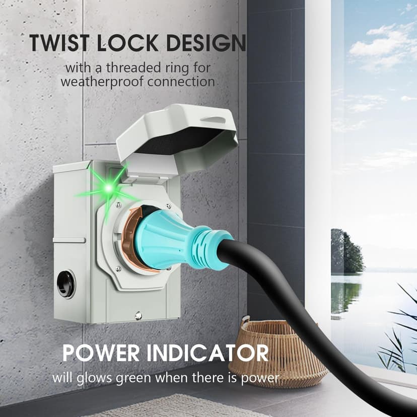 50 Amp Generator Cord 25FT and Power Inlet Box, 125V/250V Extension Power Cord, NEMA 14-50P/SS2-50R Twist Lock Connector, NEMA SS2-50P Pre-Drilled Inlet Box for Generator to House, ETL Listed