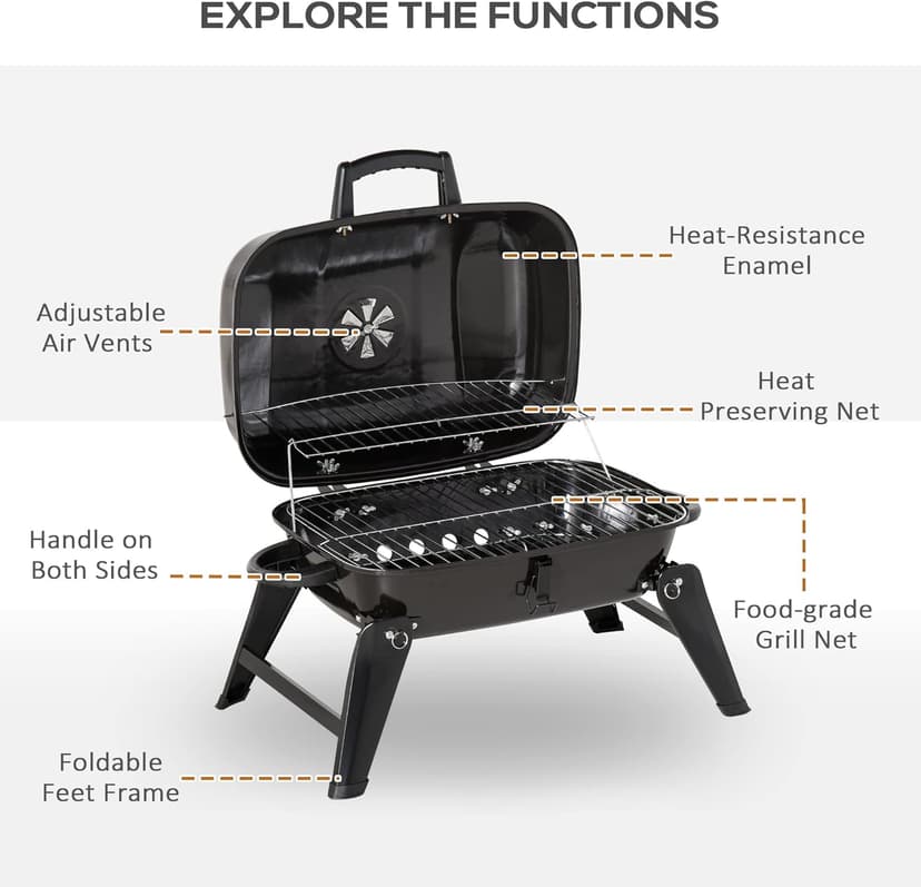 Outsunny 14" Portable Charcoal Grill, Tabletop Small BBQ Grill for Outdoor Cooking, Camping, Tailgating, Enamel Coated, Vent, Folding Legs, Black