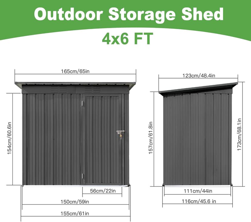 5×4Ft Outdoor Storage Shed Metal Storage Shed, Weatherproof Heavy Duty Tool Shed for Backyard & Garden Equipment, Gray