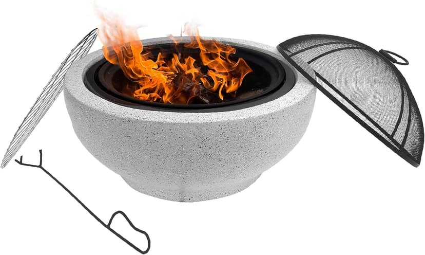 Teamson Home Round Steel Outdoor Fire Pit Outside Wood Burning Firepit Bonfire with Spark Screen, Firebowl, Poker, Stainless Steel Rack, Charcoal Grill for Patio Garden Backyard BBQ, 24 Inch, Gray