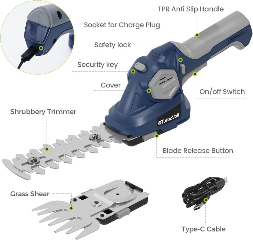 Cordless Grass Shear & Hedge Trimmer, Electric Shrub Trimmer - 2 in 1 Handheld Grass Cutter, Hedge Shear for Garden, Lawn, Rechargeable Lithium-Ion Battery and Type-C Cable Included