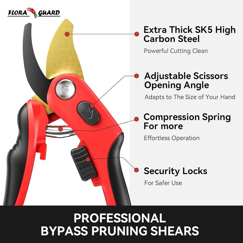 FLORA GUARD Bypass Pruning Shears, Garden Shears Heavy DutyTree Trimmers & Garden Clippers with Ergonomic Handle, Ideal Hand Pruners for Gardening, Shrubs & Branch Cutting.（HC202）