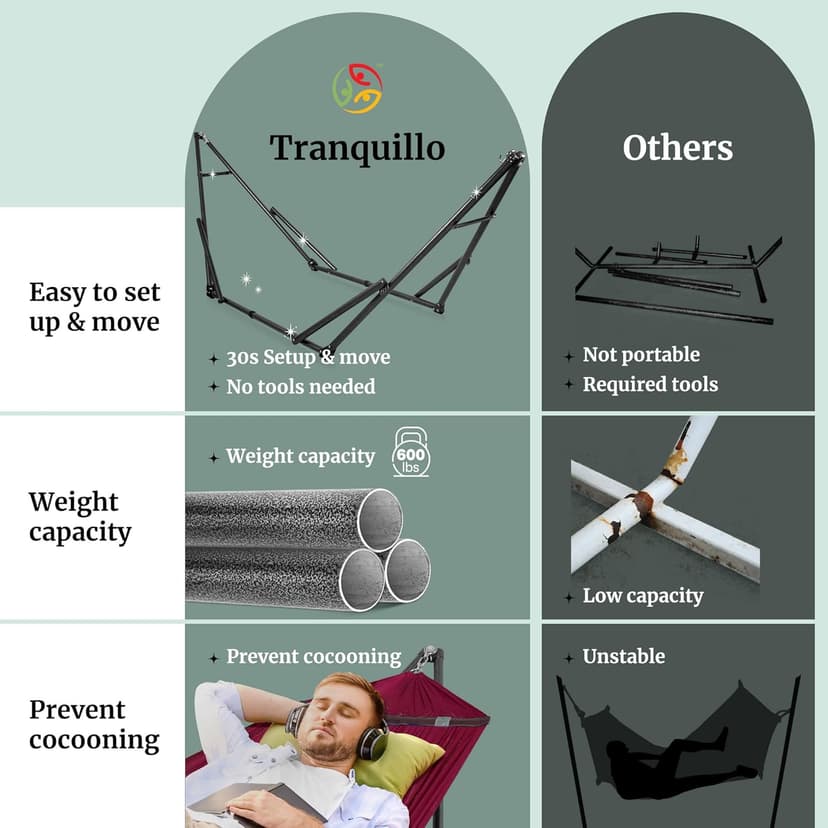 Tranquillo Double Hammock with Stand Included for 2 Persons/Foldable Hammock Stand 600 lbs Capacity Portable Case - Inhouse, Outdoor, Camping, Red