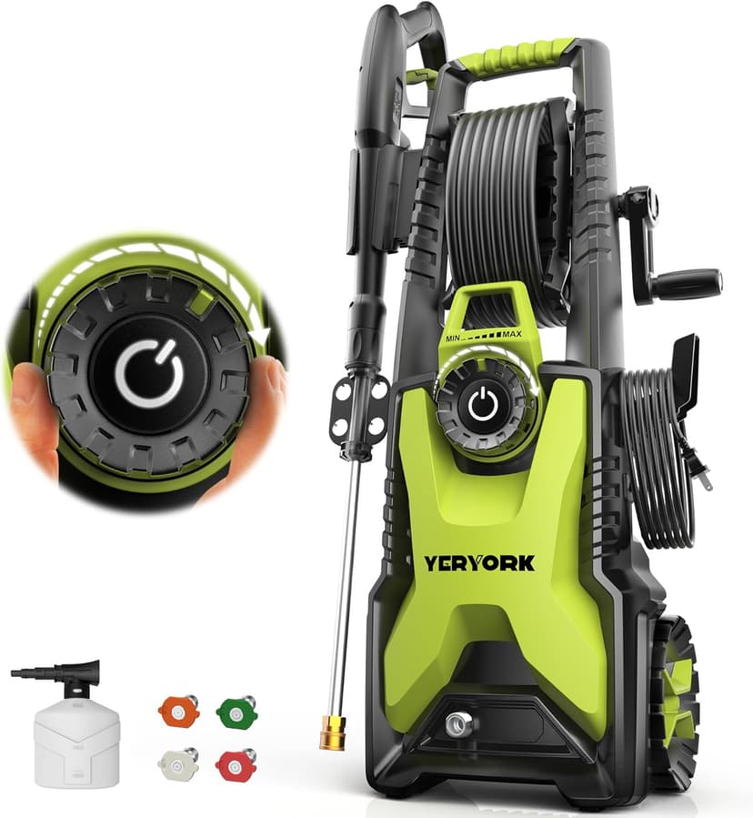 Pressure Washer, Adjustable 5000 Max PSI 2.5 Max GPM, Power Washer with 33 FT Hose Reel, Steel Wand, 500ml Foam Cannon, 4-Nozzle Set, Electric Pressure Washer for Cars, Fences, Patios