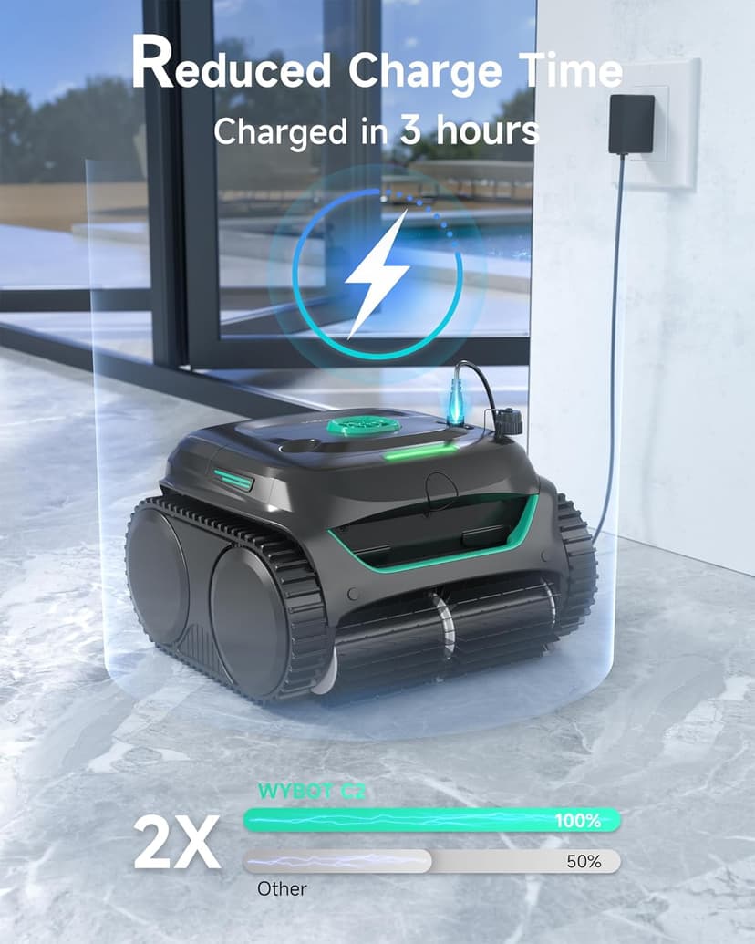 WYBOT C2 Cordless Robotic Pool Cleaner, Dual Filtration, Brushless Motor Powerful Suction, Wall Climbing and Waterline Cleaning Vacuum Lasts 180Mins in Echo Mode for Inground Pools up to 2152 Sq.ft