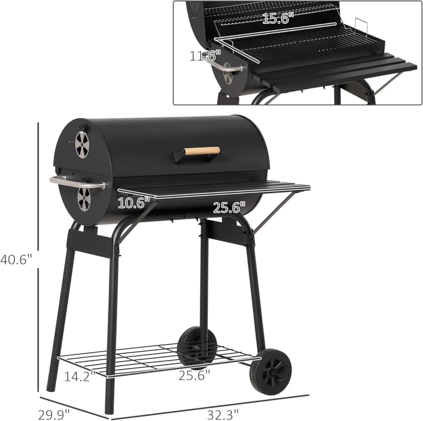 Outsunny 30" Portable Barrel Charcoal BBQ Grill, Steel Outdoor Barbecue Smoker with 370 Square Inches Cooking Space, Storage Shelf, Wheels for Garden Camping Picnic, Black