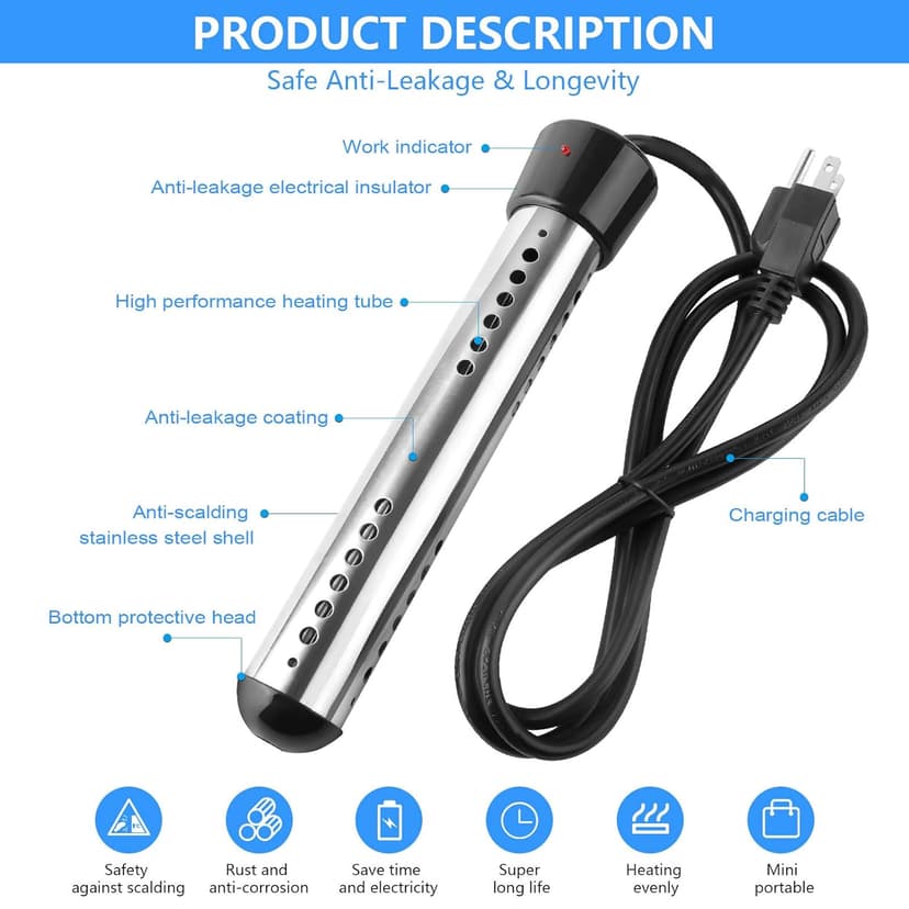 2000W Immersion Water Heater Electric, Portable Bucket Heater with 304 S S, Submersible Bathtub Pool Heater with LCD Thermometer Heats up to 5 Gallons of Water in Minutes