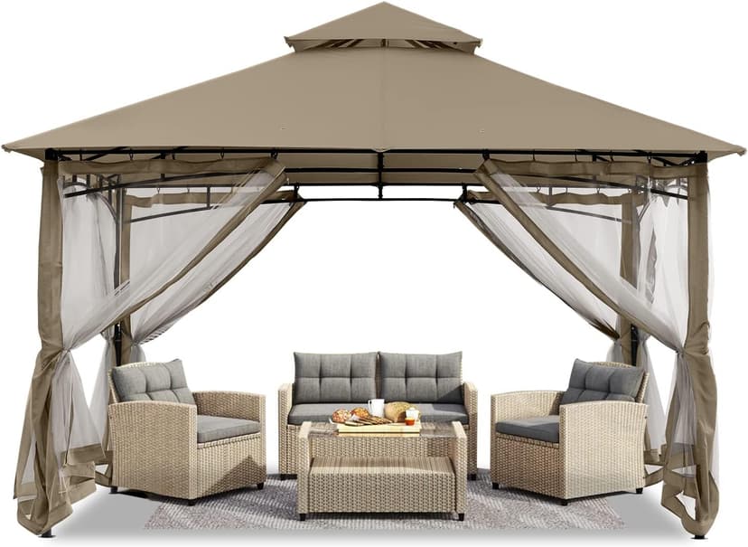 ABCCANOPY Gazebos for Patios 10x10 - Outdoor Steel Frame Gazebo with Mosquito Netting for Lawn Backyard Garden Deck (Khaki)