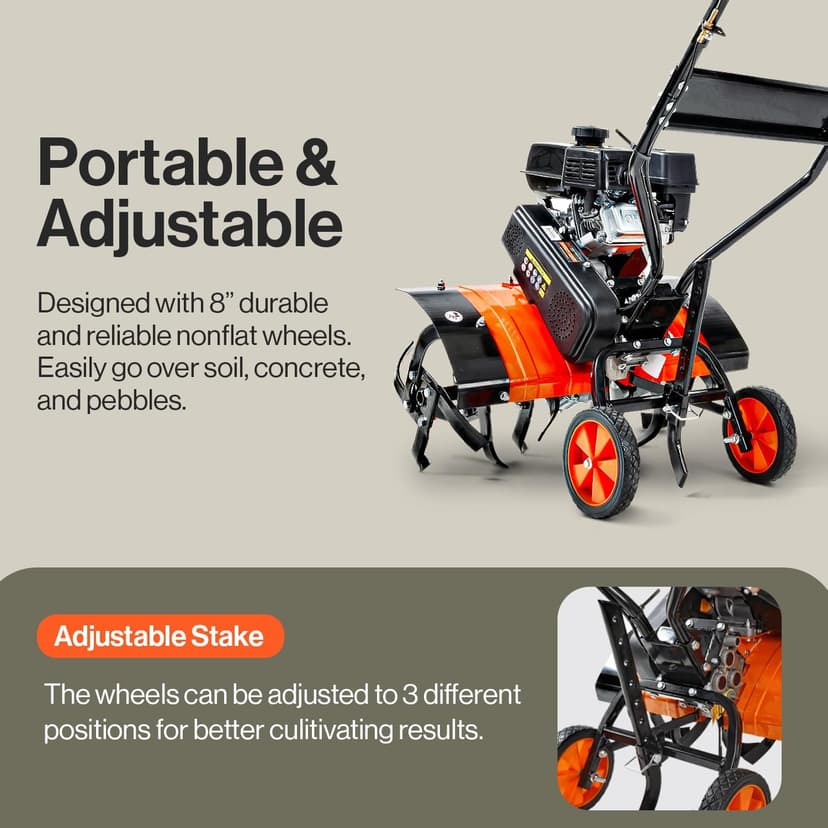 SuperHandy RotoTiller Cultivator 27” Inch Tilling Width 7HP 209cc 4 Stroke Gas Motor 6 Premium Steel Adjustable Forward Rotating Tines for Garden & Lawn, Digging, Weed Removal