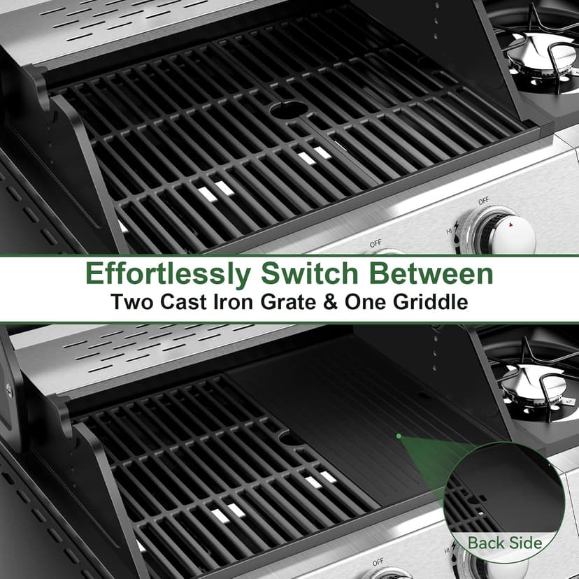 3-Burner Propane Grills with Side Burner, BBQ Gas Grill with Cast Iron Grates and Griddle, Garden Barbecue Grill for Backyard, Camping, Patio, 27,500 BTU