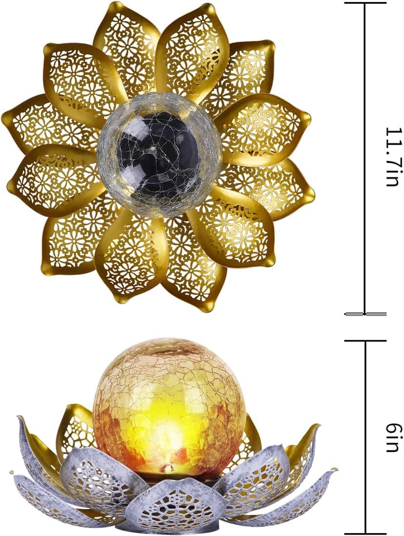 DUSVALLY Lotus Solar Globe LED Light Garden Decoration, Outdoor IP65-Waterproof Crack Glass Hollow Out Retro Silver Metal Light for Patio & Lawn & Pathway Landscape, 12" * 6"