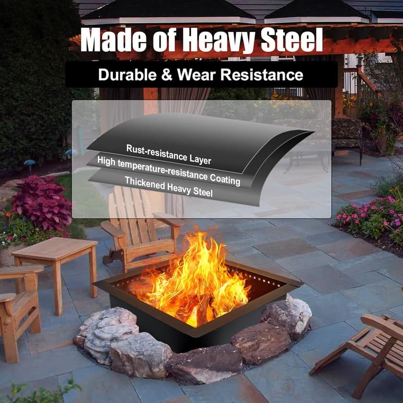 42 inch Square Fire Pit Ring, Heavy Duty Fire Ring, DIY Campfire Insert Above or In-Ground, for Outdoor, Camping, and Bonfires