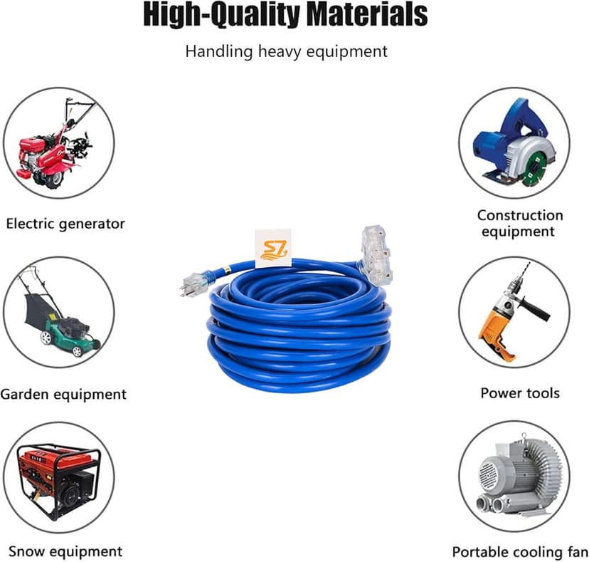 50ft 10-Gauge Heavy Duty 3-Outlet Indoor/Outdoor Extension Cord,Grounded 15-Amp Three-Prong Power-Cord with The End Light Up