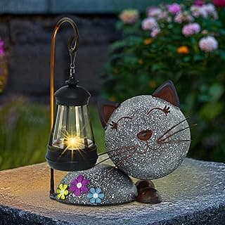Glintoper Solar Garden Statue Cat Figurine with Lantern, Outdoor Metal Kitten Whimsical Lawn Porch Yard Art, Mothers Day Ideal Gifts, Lighted Ornaments for Patio Pathway Yard Decoration