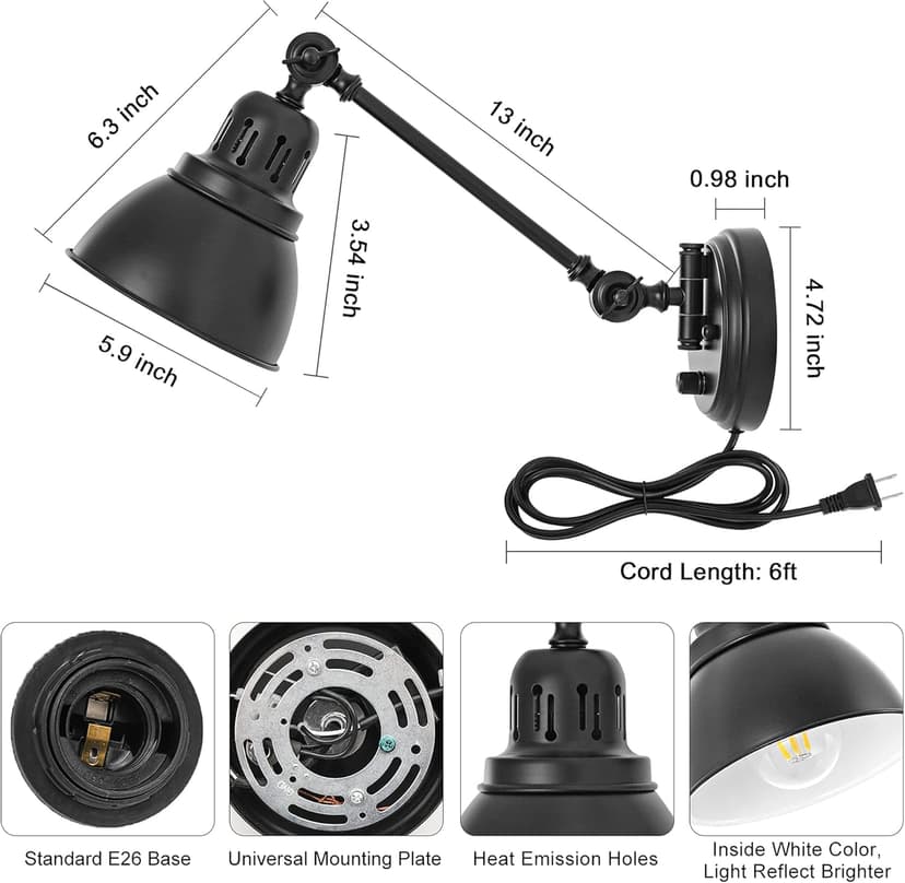 Plug in Wall Sconces, Wall Sconce Lighting with Dimmable On Off Switch, Swing Arm Wall Lamp, Black Metal Industrial Wall Light Fixtures, Safety E26 Base, 6FT Plug in Cord