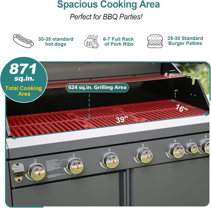 Brand-Man 6 Burner Gas Outdoor Kitchen Island Grill - 72,000 BTU Stainless Steel BBQ Grill Station with Side Burner, Storage Cabinets, Fold-out Prep Table, LPG/NG Convertible, Gray