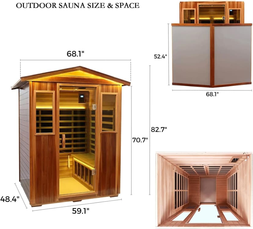 Red Cedar 4 Person Outdoor Ultra-Low EMF（0.5mg） Infrared Sauna, Multi-Person Home Sauna spa, 2160w,12 Heating Panels, LCD Control Panel, Bluetooth Speaker, Chromotherapy Lights, Reading lamp