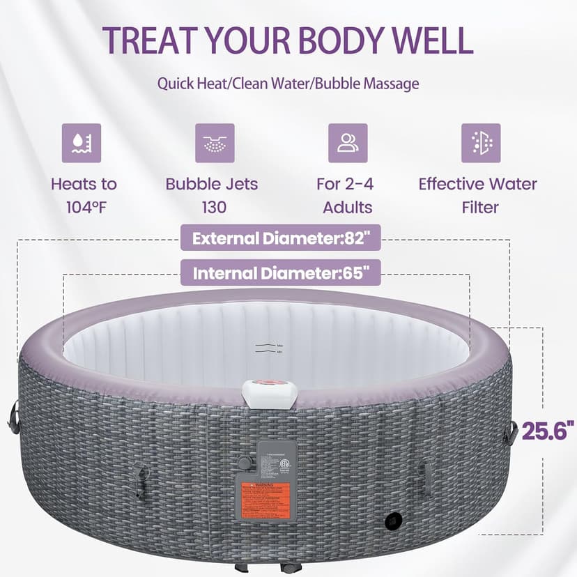 82" Inflatable Hot Tub for 4-6 People, Portable Outdoor Spa with 130 Soothing Bubble Jets, Smart Heating up to 104°F, with Insulated Cover, 6 Filters, PE Floor Mat, 110-120V Input (Laminated PVC)