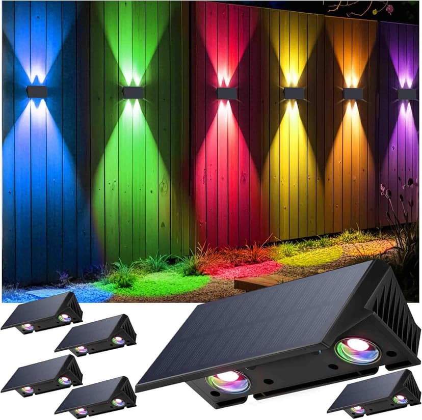 Fence Lights Solar Powered, 6-Pack Solar Fence Lights Up/Down Flexible Buttons, IP67 Waterproof for Outdoor, 120LM Bright, Auto Dusk to Dawn for Wall/Stairs/Yard/Railing/Deck/Pathway (White & RGB)