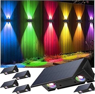 Fence Lights Solar Powered, 6-Pack Solar Fence Lights Up/Down Flexible Buttons, IP67 Waterproof for Outdoor, 120LM Bright, Auto Dusk to Dawn for Wall/Stairs/Yard/Railing/Deck/Pathway (White & RGB)