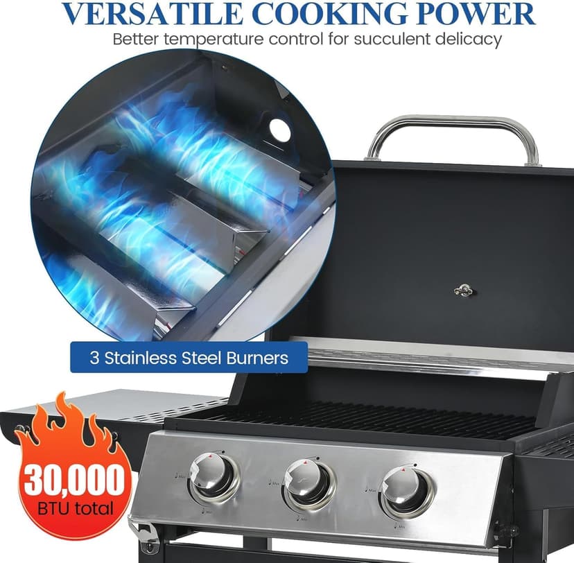 Gas Grill, Stainless Steel 30,000 BTU Patio Garden Barbecue Grill, 3 burner propane grill with Top Cover Lid, Wheels, and 2 Side Shelves, for Outdoor Patio Garden Picnic Back