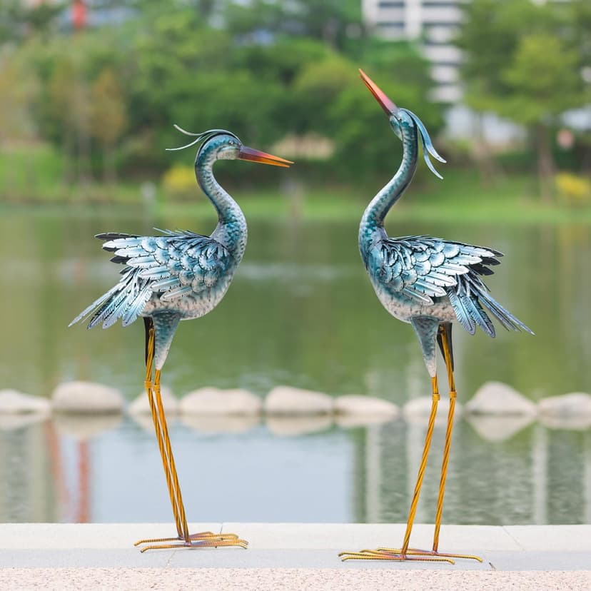 Chisheen Large Garden Crane Outdoor Sculptures, Metal Yard Art Heron Standing for Indoor Outdoor Decor, Bird Statues for Patio Lawn Porch Decorations, Set of 2