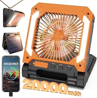 20000mAh Portable Fan Rechargeable with Solar Panel 2-in-1, 3 Speeds Cordless Battery Powered Fan with Led Lantern,Timer, Quiet USB-C Table Fan for Travel Tent Hurricane Office Home Bedroom (Orange)