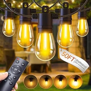 LED Outdoor String Lights Patio - 50FT Dimmable Hanging Light with Remote, Waterproof Shatterproof Edison Bulbs, 3 Modes 2 Timer Outside Lighting Connectable for Graden Porch Backyard Balcony Cafe