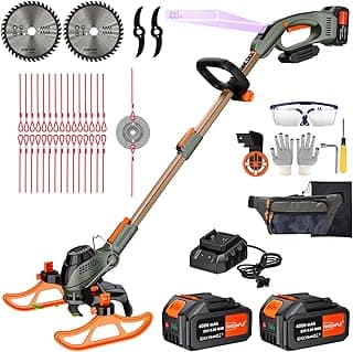 12-Inch Cordless String Trimmer & Edger, (2 x 21V 4.0Ah Electric Brush Cutter Battery Powered), with Auxiliary Bracket, Side Ball, 90° Rotary Head, Telescopic Handle, 3 Cutting Methods(WEG21T)