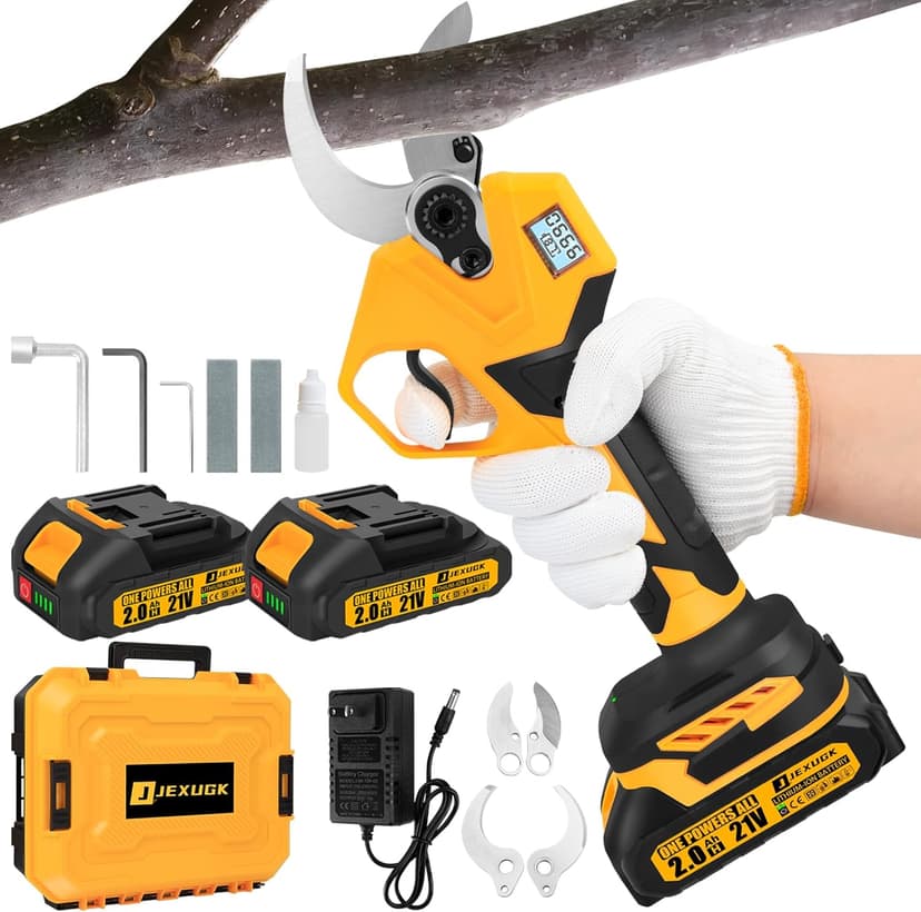 Electric Pruning Shears, 1.6" Upgraded Power Pruners Cordless with 2x2.0Ah Battery, LCD Screen Brushless Professional Gardening Tree Branch Cutter Scissors with 3 Pairs SK5 Blade & Whetstone