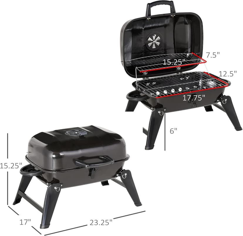 Outsunny 14" Portable Charcoal Grill, Tabletop Small BBQ Grill for Outdoor Cooking, Camping, Tailgating, Enamel Coated, Vent, Folding Legs, Black