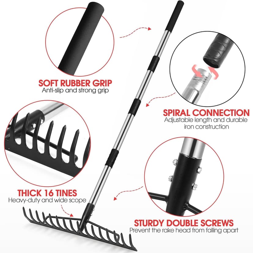5.2FT Garden Rake, 16 Tines Metal Rakes with Adjustable Stainless Steel Handle, Bowrake for Lawns Heavy Duty Loosening Soil Farming Land Management, Gathering Leaf Yard Rake with Gloves