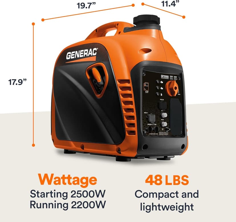 Generac 2,500-Watt Gas Powered Portable Inverter Generator - Compact and Lightweight Design - Produces Clean, Stable Power - COsense Technology - Perfect for Home use - Orange/Black