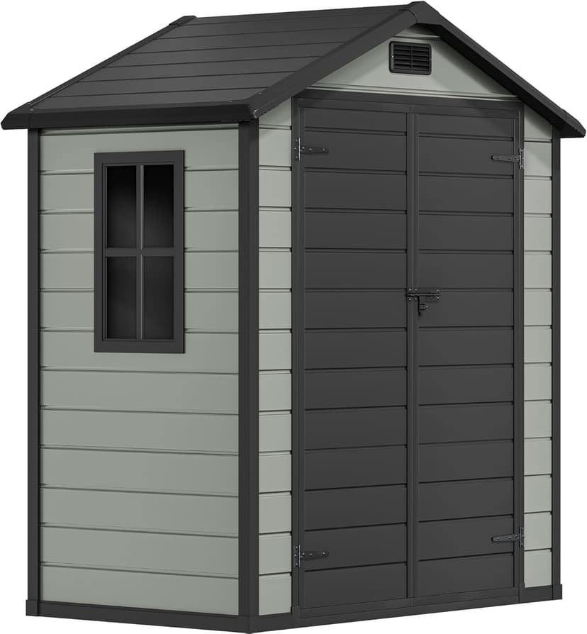DWVO 6x4 FT Resin Storage Shed with Reinforced Floor, Outdoor Storage Shed with Lockable Door, Window and Vents, Waterproof Plastic Tool Storage for Garden, Backyard, Patio, Lawn(Blue-Gray+Black)