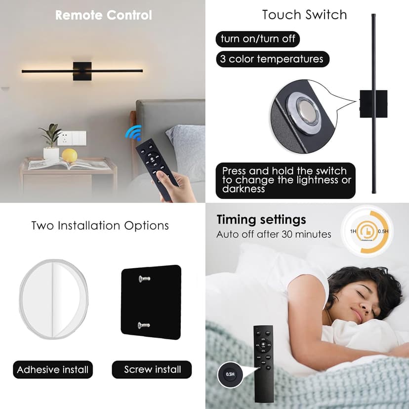 LED Wireless Wall Sconce with Remote Control (Set of Two), USB Rechargeable Battery Powered Indoor Wall Lamps, Dimmable, 360° Rotate,Timing, 28.3 inch Black Wall Lights for Hallway/Living Room/Bedroom