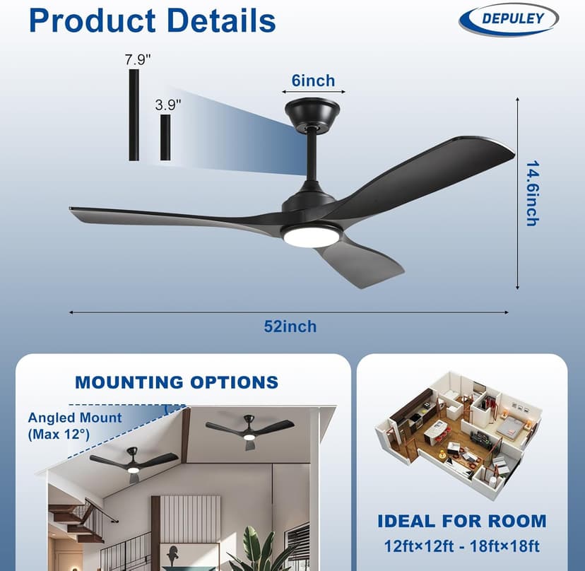 Depuley 52-Inch Ceiling Fan with Light: Black 3 Blade Outdoor Fans for Patios - Dimmable Indoor Fan with Remote APP Control Ultra Quiet DC Motor Reversible 6 Speed Timer