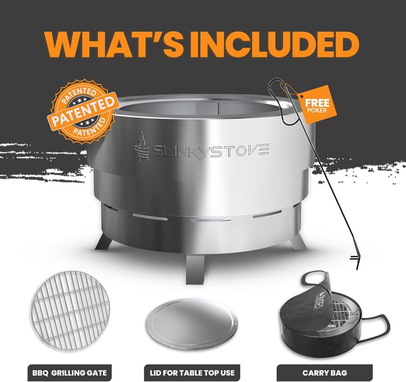 Slinky Stove 23-inch Smokeless Firepit – Lightweight, Compact & Portable with Carry Bag, Collapsible Design for Camping, Backyard Gatherings, Bonfires, and Outdoor Wood-Burning – Stainless Steel