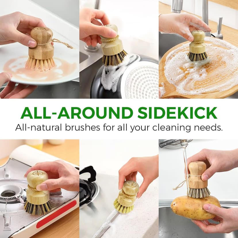 Bamboo Dish Brush Set of 3, 100% Plant-Based Kitchen Dish Brush Bamboo with Sisal and Coconut Bristles, 2 Brush Types, No Scratch Wood Sish Scrub Brush for Dishes, Quick-Drying, Odor Free