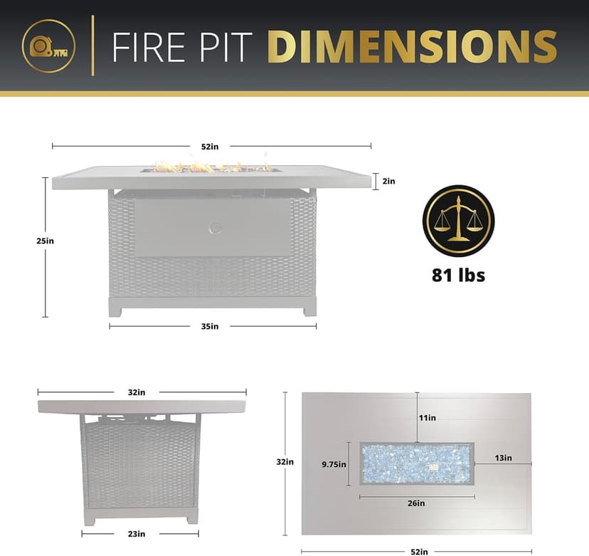 Kinger Home Novi Rattan 52-Inch Propane Gas Fire Pit Table with Rectangular Aluminum Frame - CSA Certified, 50,000 BTU Outdoor Patio Firepit, Includes Wind Guard and Fire Glass, Grey