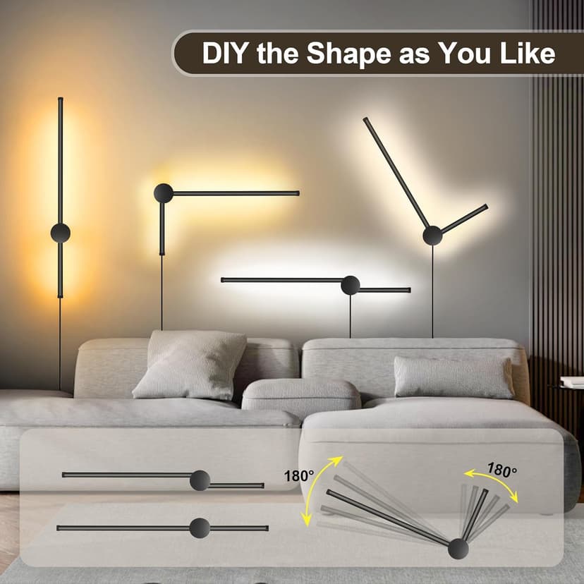 Wall Sconces Set of Two with Remote, Stepless Colors 3000K-6500K & Stepless Dimming, Hardwire or Plug-in, 180° Rotate, LED Black Plug in Wall Sconces with Timer & Night Light, 23.6 Inches